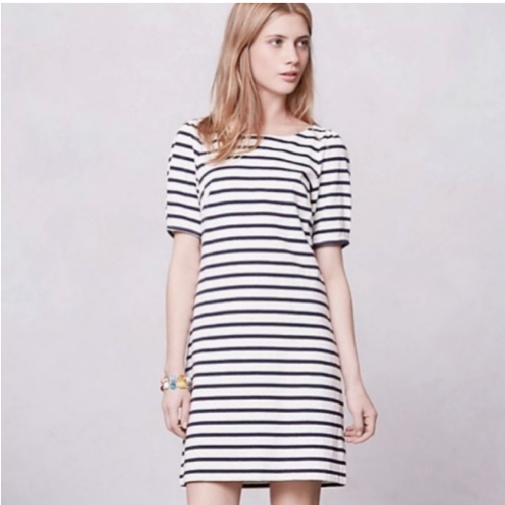 Anthropologie Postmark Striped Dress Medium Bows NEW Puff Sleeve